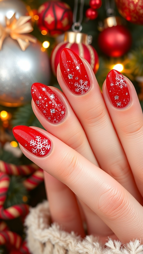 Elegant red almond-shaped Christmas nails with glitter and snowflakes on a festive background.